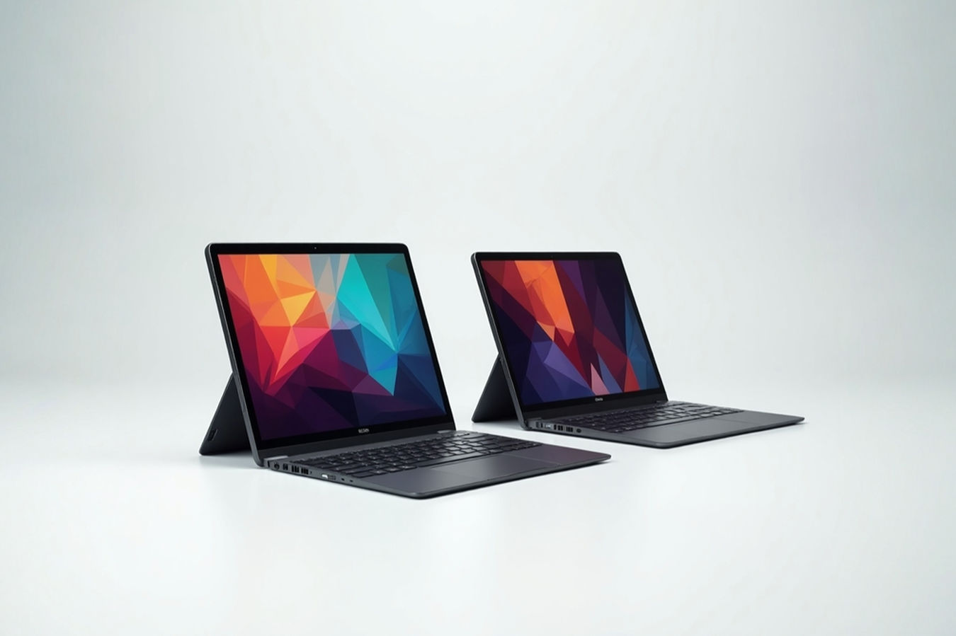 Professional, high-angle studio photograph of a modern foldable laptop (e.g., Lenovo ThinkPad X1 Fold or Asus Zenbook Fold) shown in three different configurations side-by-side: fully unfolded like a large tablet, partially folded in traditional laptop mode with a detached keyboard, and folded closed. The background is a clean, minimalist white or light grey, with soft, even lighting highlighting the device's form factors and screen.