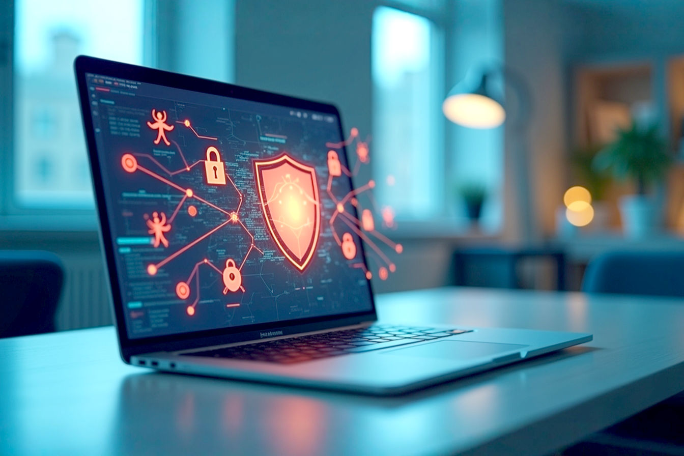 Professional, lifelike pro photography style image. A modern, clean desk setup with a laptop displaying a stylized, abstract representation of a digital shield deflecting various cyber threats (represented by glowing, abstract digital icons like bugs, locks, phishing hooks). The overall mood should be one of calm security and technological sophistication. Soft, natural lighting. Focus on the laptop screen with a slightly blurred background. Colors should be modern and tech-oriented (blues, silvers, with subtle threat colors like red or orange being deflected by the shield). No text on the image.