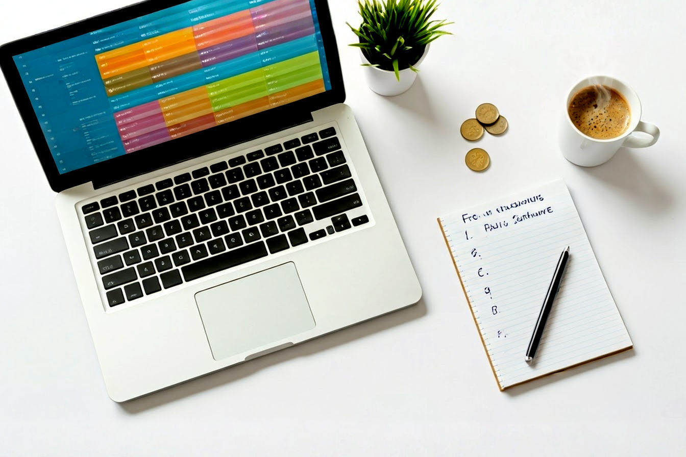 Professional, bright, and clean flat lay photograph. A modern laptop screen displays a vibrant, colorful spreadsheet interface (generic, not brand-specific). Next to the laptop, a physical notepad with a handwritten pro/con list regarding 'Free vs. Paid Software.' Scattered around are a few coins (symbolizing savings), a sleek pen, and a steaming coffee mug. The overall mood is organized, thoughtful, and tech-savvy. Focus on clarity and a slightly optimistic, modern aesthetic. Shot from directly above, studio lighting.