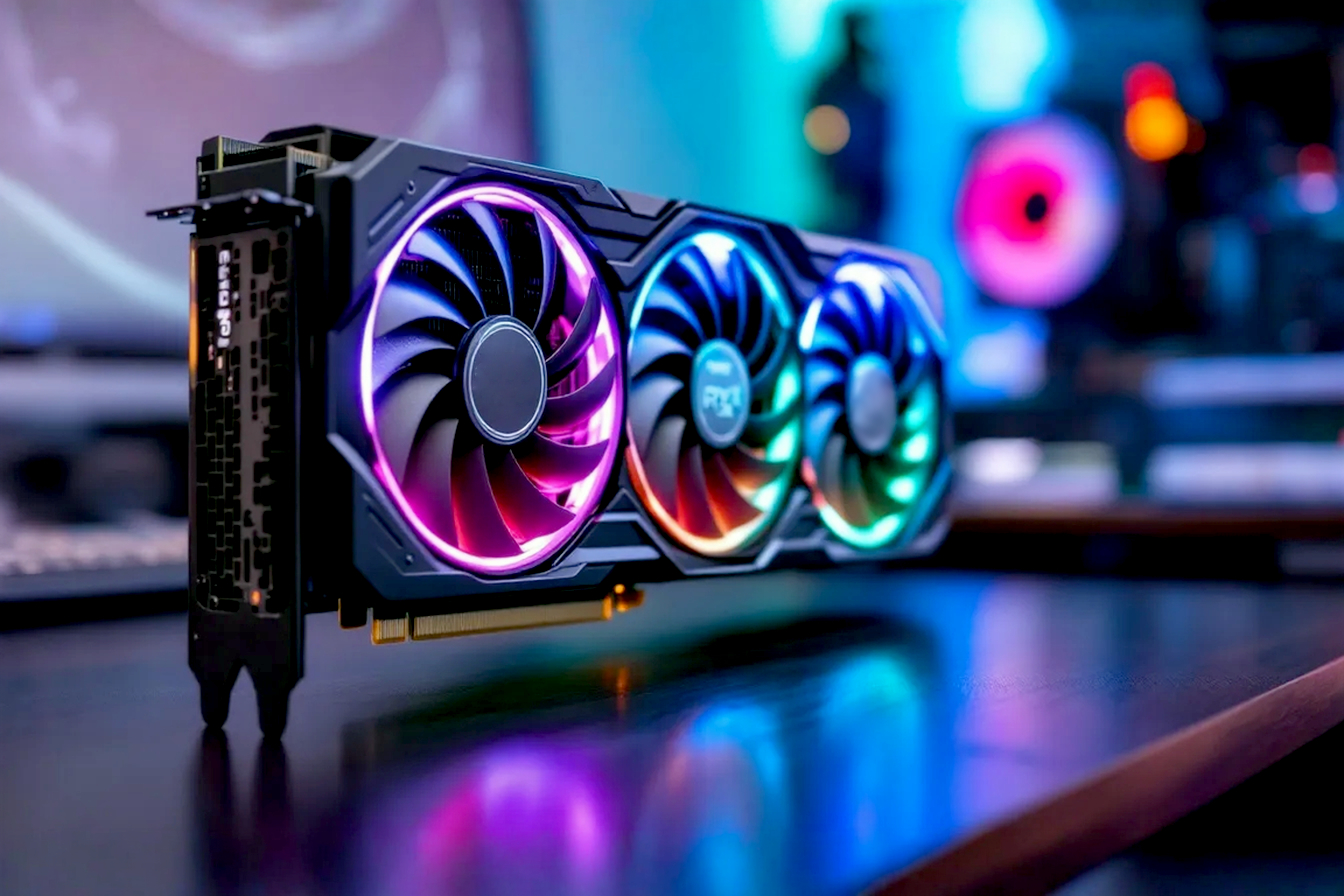 A high-quality, professional photograph showing a modern, high-end graphics card (like an NVIDIA RTX or AMD Radeon RX) prominently displayed on a dark, slightly reflective surface. The card's cooling fans and heat sink are visible, illuminated by subtle, colored LED lighting often found on these components. The background is blurred, suggesting a technological or studio environment, with a hint of a computer motherboard or components in the distance. The focus is sharp on the details of the graphics card, emphasizing its complexity and power.