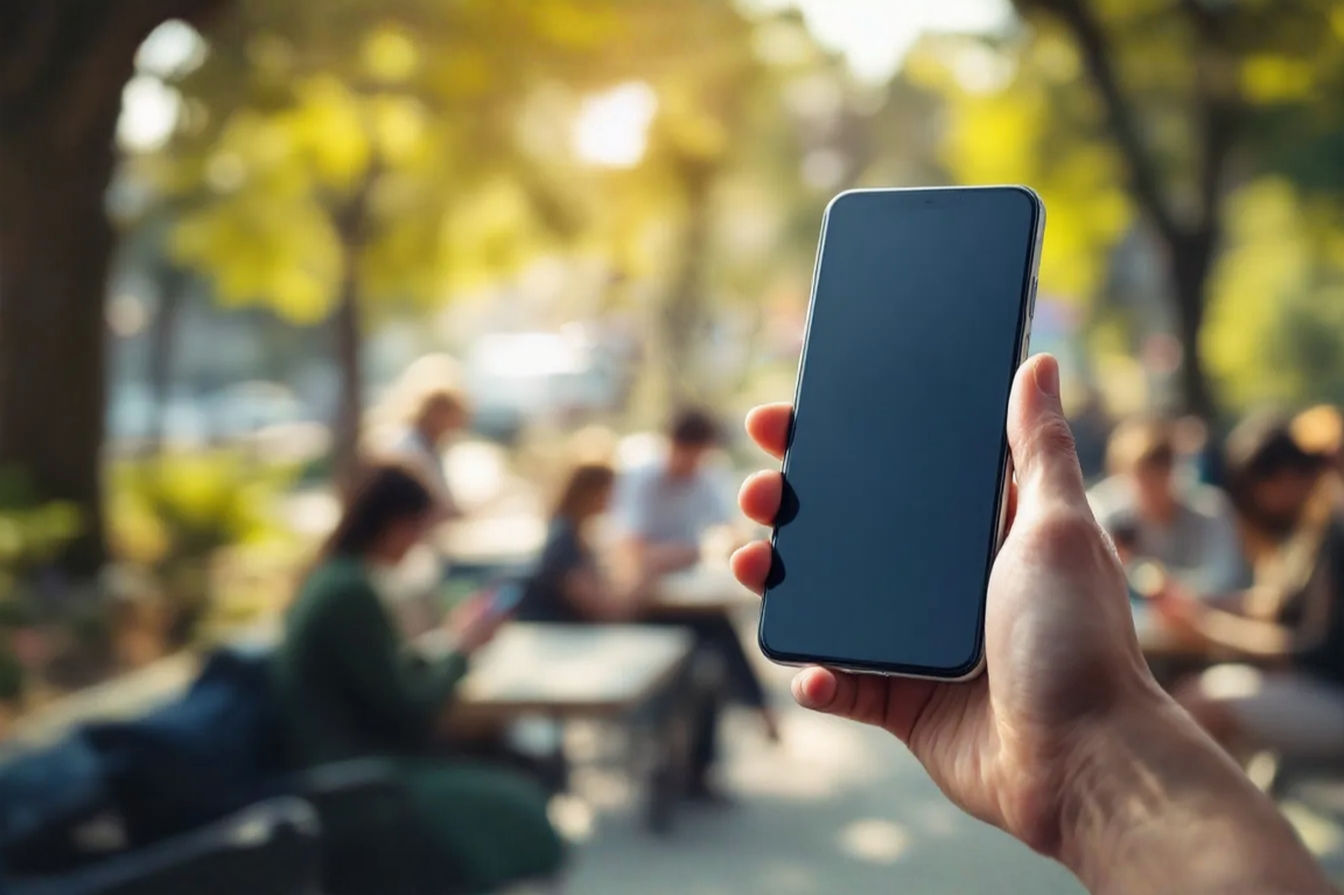 A professional, brightly lit photograph showing a hand holding a modern smartphone with a stylized graphic overlay illustrating network bars and a small dollar sign with a cross through it, suggesting affordability or "free." The background could be a soft-focus image of people using phones in a park or cafe, implying connectivity and everyday use.