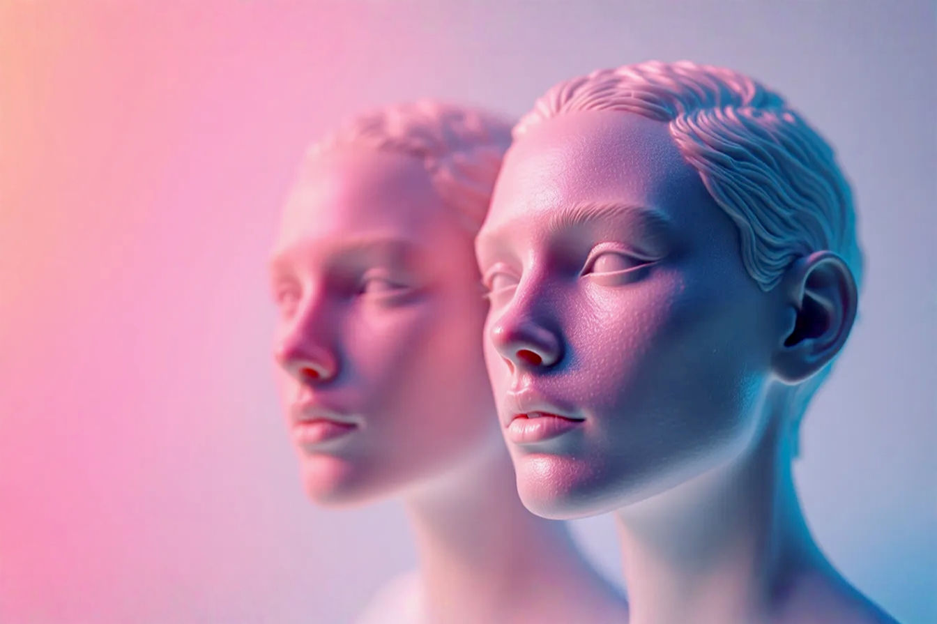 A close-up, professional photograph showing two highly detailed, unpainted resin 3D printed miniature heads side-by-side. One head, printed on a standard resolution printer, shows faint layer lines and slightly softer details. The other head, printed on a high-resolution printer, exhibits crisp, sharp features like individual hair strands and pores, with virtually invisible layer lines. The background is a clean, neutral grey or soft gradient to emphasize the detail difference on the miniatures.