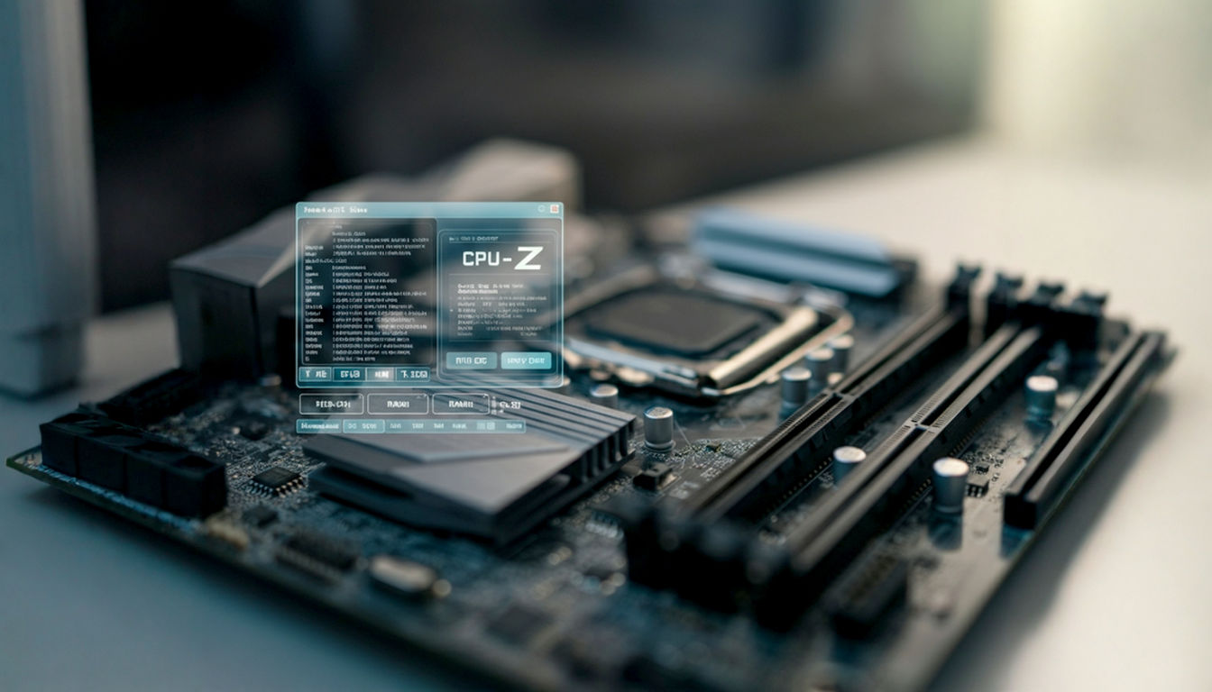 A high-angle, professional photography shot of a computer motherboard with various components (CPU socket, RAM slots, PCIe slots) clearly visible and well-lit. Overlayed subtly on the motherboard is a semi-transparent, glowing digital representation of the CPU-Z interface, highlighting key data points like CPU speed and RAM frequency. The background is a softly blurred, modern tech workspace.