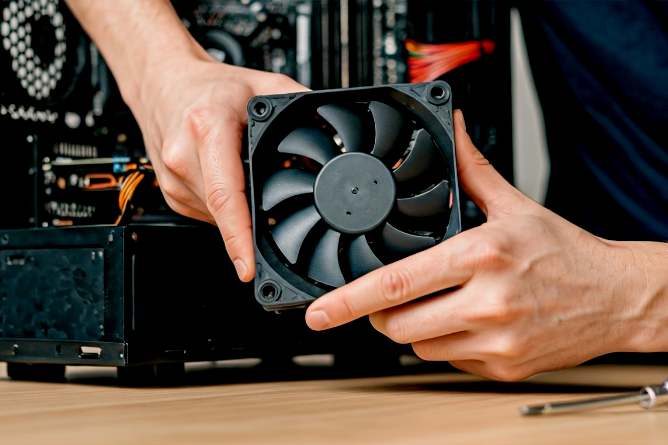 A professional, well-lit, close-up photograph of a person's hands carefully installing a black 120mm PC case fan into the front mounting bracket of a modern desktop computer case. The computer case is open on a clean, light-colored workbench, with a magnetic-tipped Phillips head screwdriver visible nearby. The focus is sharp on the fan and hands, with the internal components of the PC slightly blurred in the background, conveying precision and ease of installation.