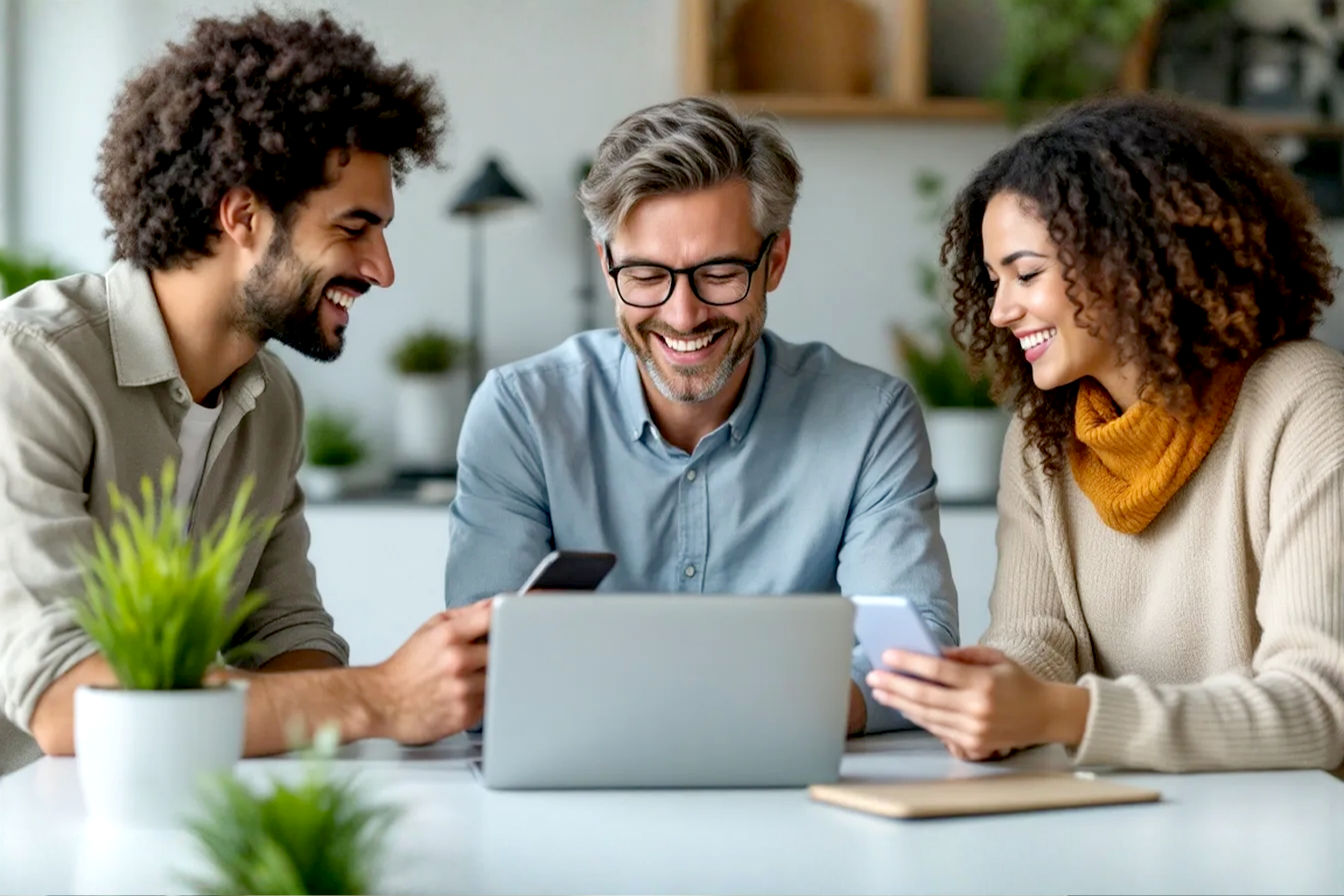 Professional, lifelike photograph showcasing a group of three people looking relieved and happy while easily sharing a video from a laptop to a smartphone and a tablet. The background is a clean, modern home office or co-working space.