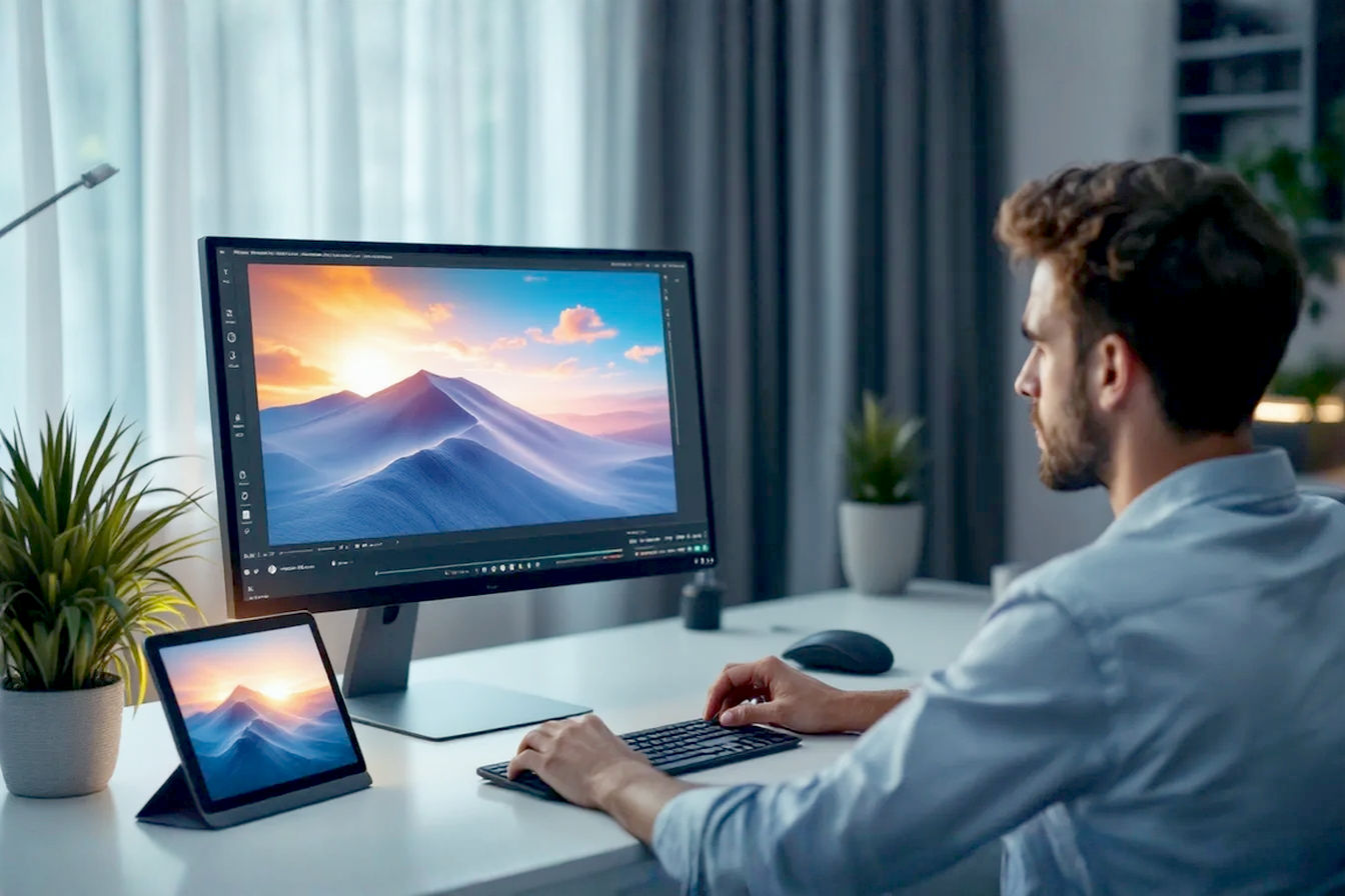 Over-the-shoulder shot of a person sitting at a modern, clean desk with a computer, using professional image editor for PC.