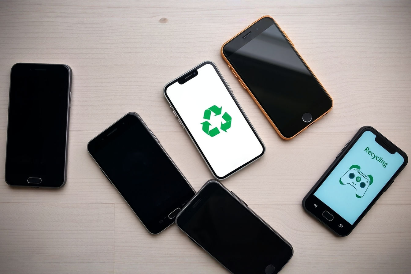 A professionally lit flat lay photograph showing several older model smartphones arranged neatly on a neutral background (e.g., light wood or grey concrete). One phone screen shows a data wiping progress bar, another shows a charity logo, another shows a recycling symbol, and another shows icons representing different repurposing uses (camera, music note, game controller). The image should feel clean, informative, and slightly modern.