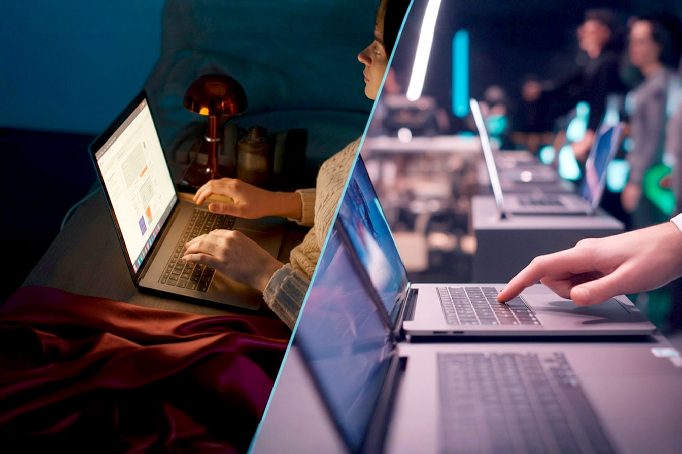 Professional photography style image showing a split scene. One side features a person comfortably browsing laptops on a computer screen at home, illuminated by the screen's glow. The other side shows a person in a well-lit electronics store, touching the keyboard of a laptop on display, with other laptops blurred in the background. The image should convey the contrast between the digital and physical shopping experiences.