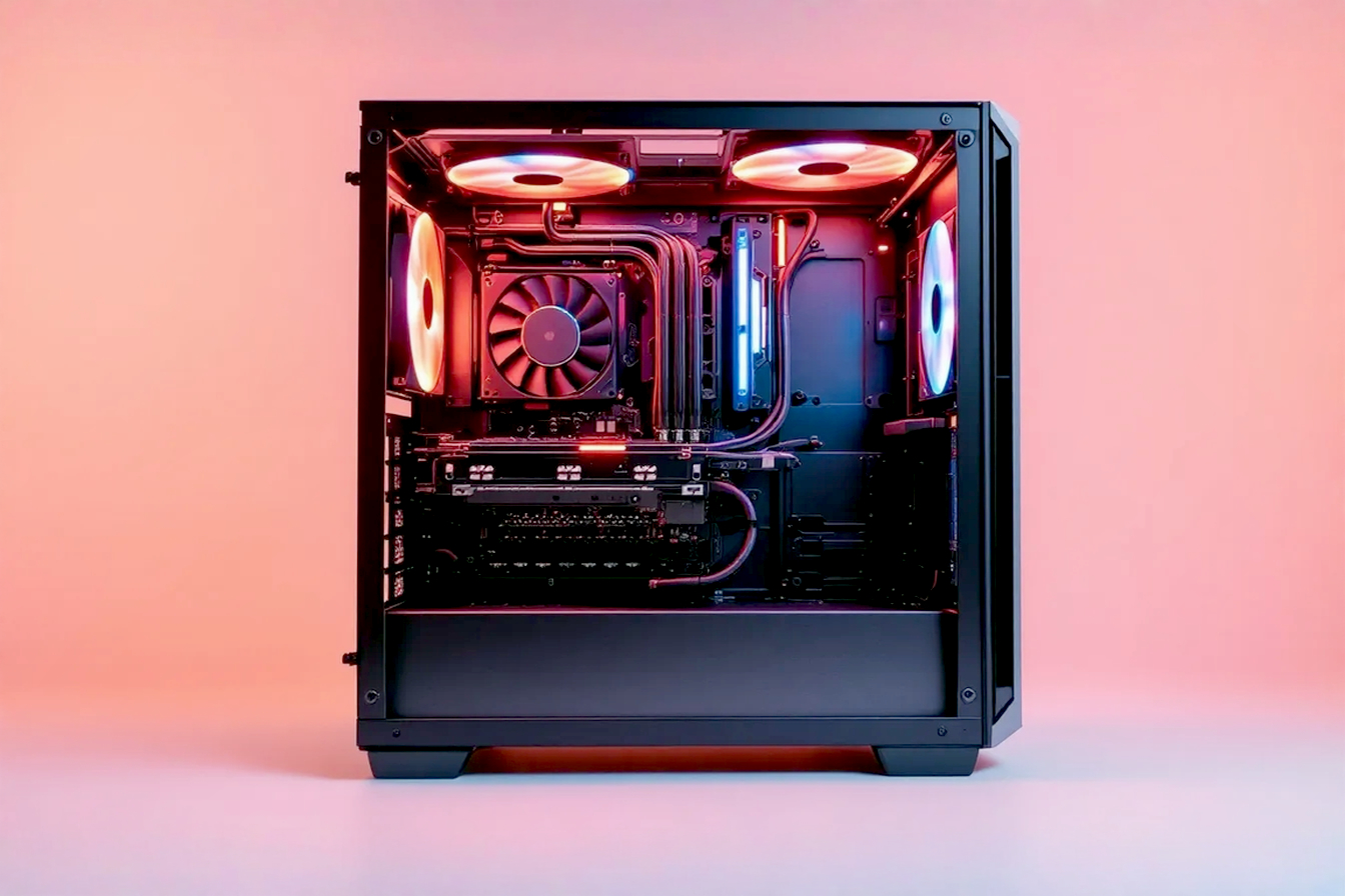 A professional, well-lit photograph showing the interior of a large, clean PC case with clearly visible, neatly routed cables and strategically placed case fans. The image should convey a sense of order and efficient cooling, perhaps with a subtle hint of air movement (e.g., static fan blades positioned to suggest flow).