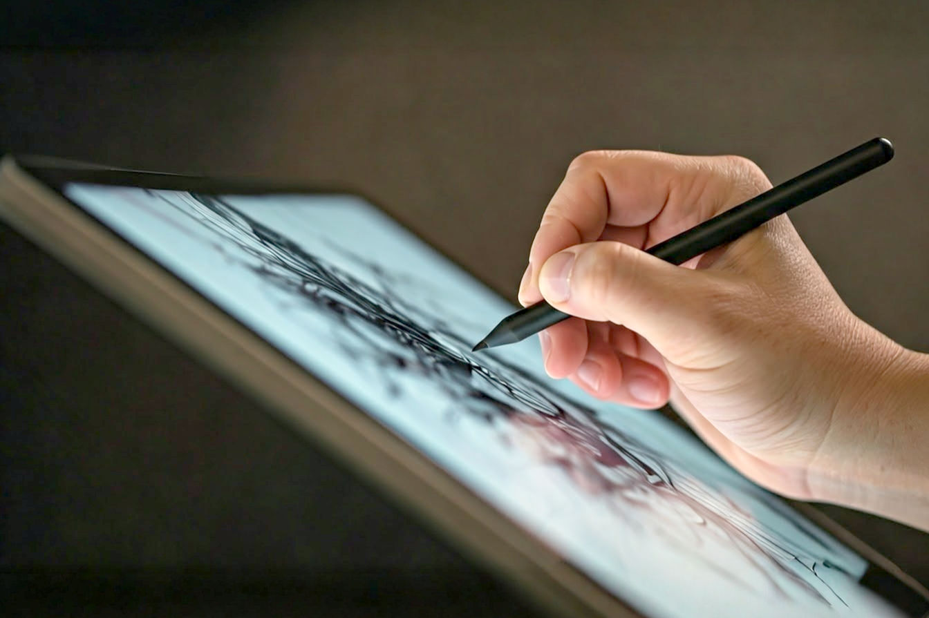 A professional, well-lit photograph showing a close-up of an artist's hand holding a stylus and drawing intricate details on the vibrant, high-resolution screen of an angled modern touchscreen display. The image should convey precision and the natural feel of drawing directly on the surface, with a slightly blurred background showing a clean workspace.