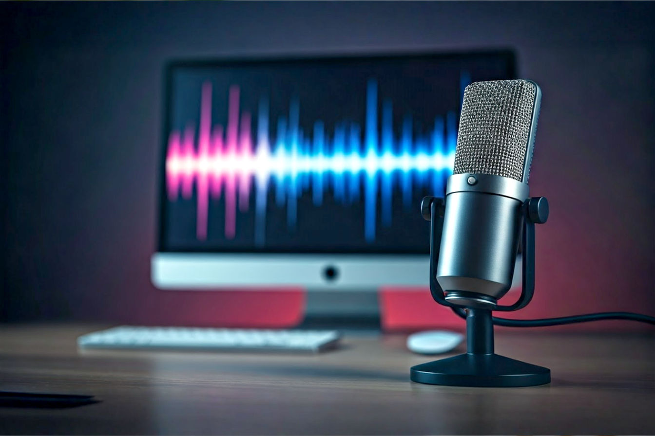 Lifelike, professional studio photography: A dynamic, slightly low-angle shot of a modern condenser microphone on a desk stand. In the softly blurred background, a computer monitor displays abstract soundwave patterns in vibrant blues and purples, hinting at digital voice modification. The lighting is clean and slightly dramatic, highlighting the microphone's texture. Overall mood: tech-savvy, creative, professional. No people visible.