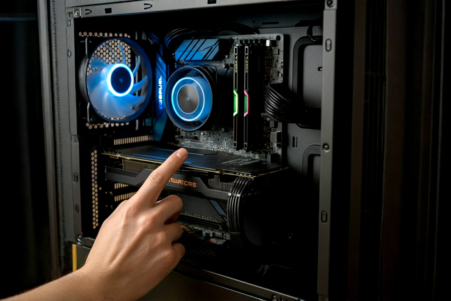 A high-angle, professional photograph showing the interior of a mid tower PC case with clear visibility of fans and components. One hand is gently pointing towards a case fan, illustrating the concept of airflow or adjustment. The lighting is clean and highlights the internal structure.