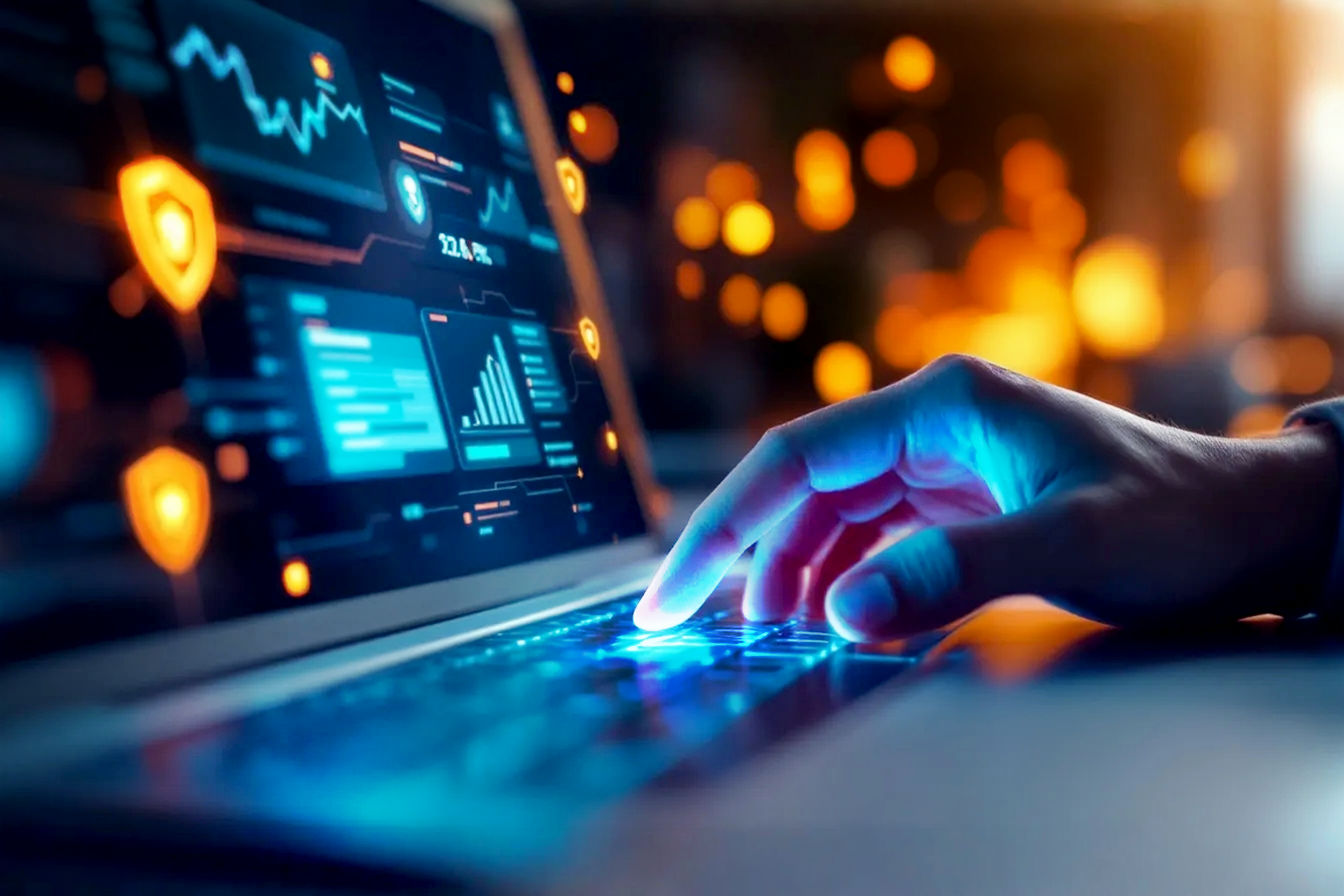 Professional, brightly lit, slightly desaturated, photorealistic image of a hand confidently using a modern laptop trackpad. The laptop screen, slightly out of focus in the background, displays a stylized, abstract representation of a secure browser interface with glowing shield icons and speed-optimized charts. Focus on the hand and trackpad, conveying control and efficiency. Clean, minimalist background.