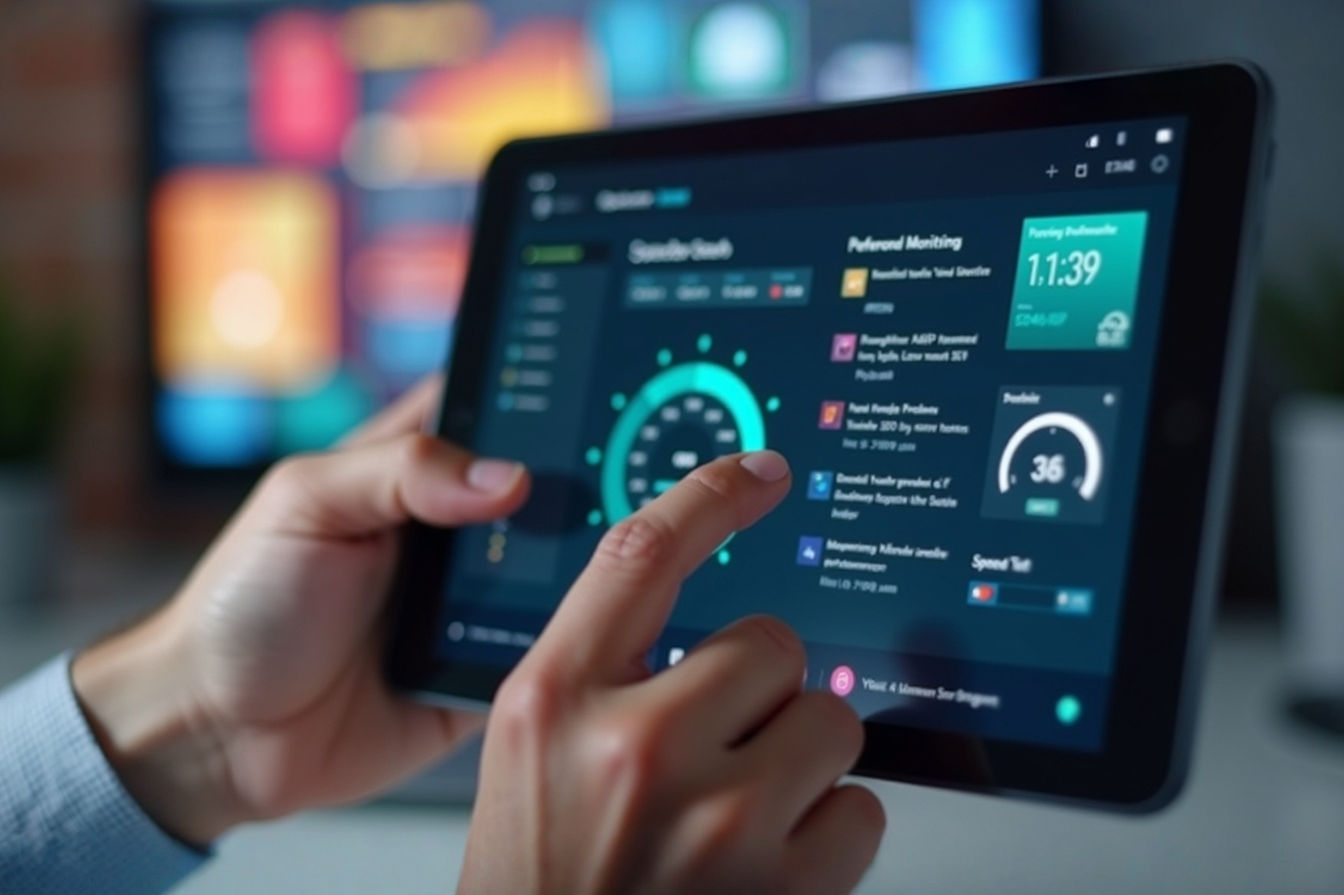 A close-up, professional studio photograph of an adult hand interacting with a modern Android tablet that displays a speed test or performance monitoring app on the screen. The background is clean and slightly blurred, focusing attention on the tablet and hand. The lighting is soft and highlights the detail on the tablet screen.