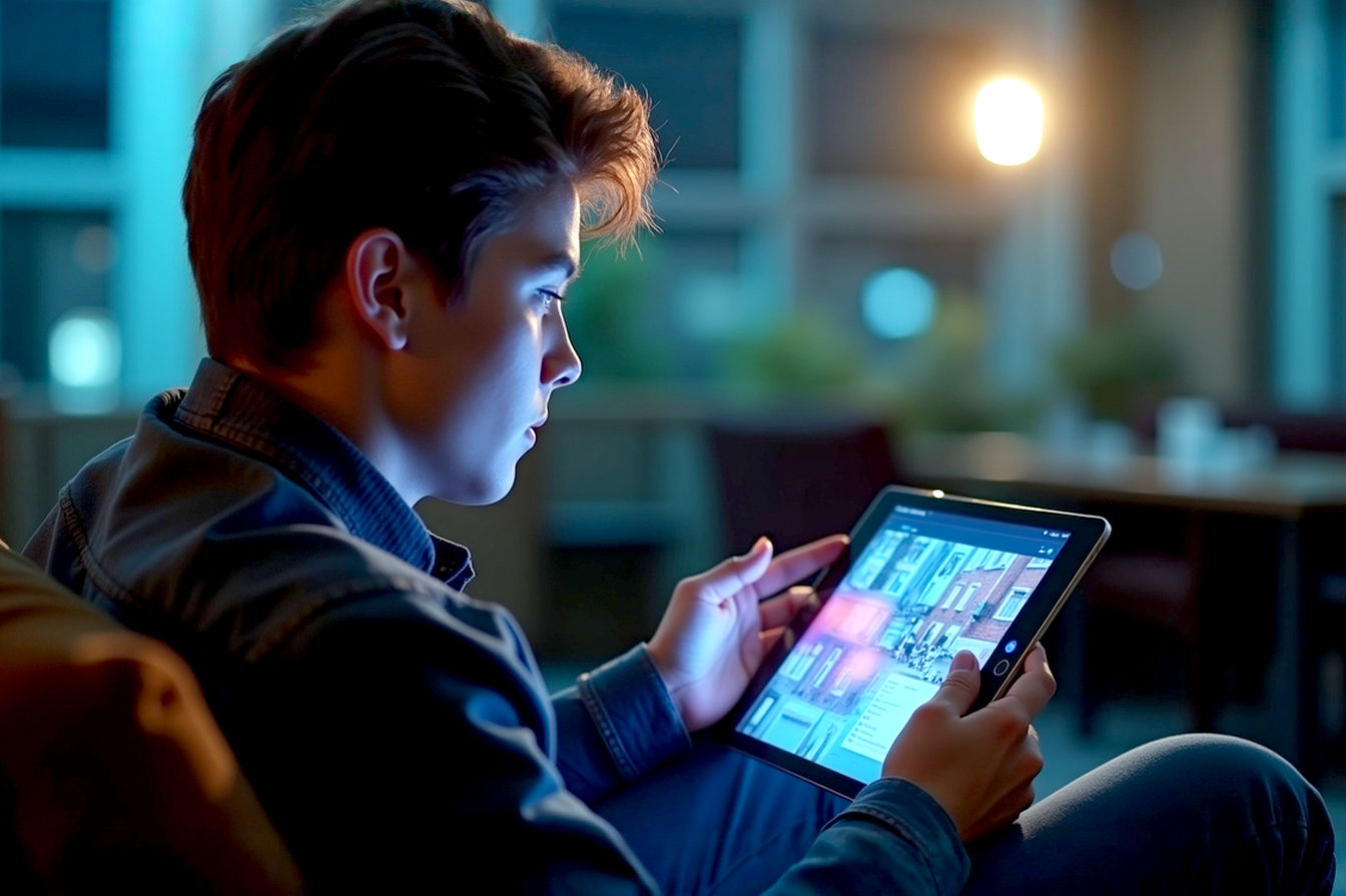 A professional, well-lit photograph showing a young adult sitting comfortably on a couch or at a cafe table, holding a modern tablet device. The tablet screen displays a vibrant image or text, and the person is interacting with it. The background is slightly blurred, focusing attention on the person and the tablet, conveying a sense of relaxed productivity or media consumption.