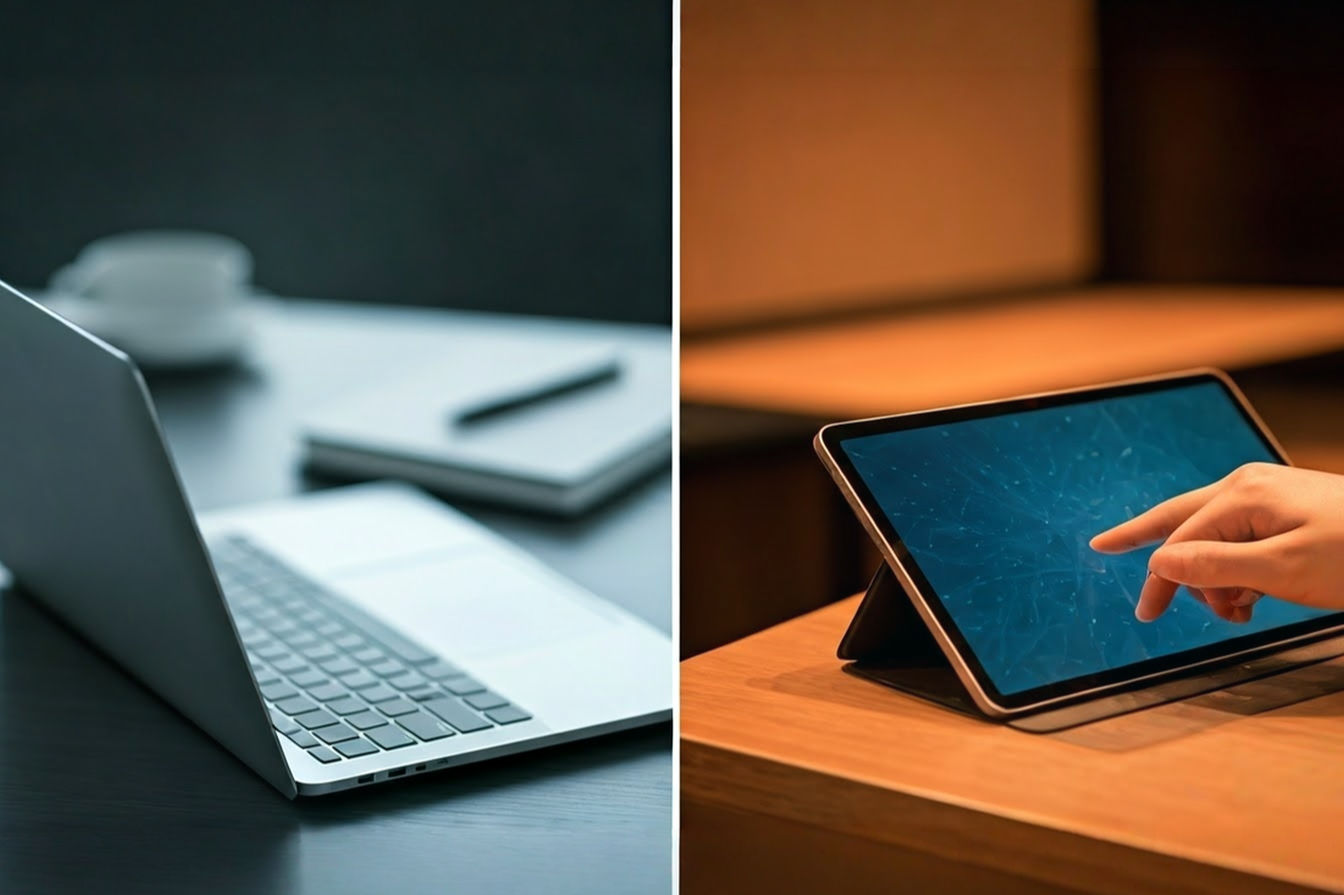 A split image or diptych in a professional, clean photography style. On one side, a modern, slim laptop is shown open on a clean desk with a notebook and pen nearby, suggesting focused work. On the other side, a hand is holding a thin Tablet PC with a detachable keyboard attached, being used in a more mobile setting like a café table or airport lounge, highlighting portability and touch interaction. The lighting is bright and even, with a shallow depth of field to keep the devices sharp while slightly blurring the background.