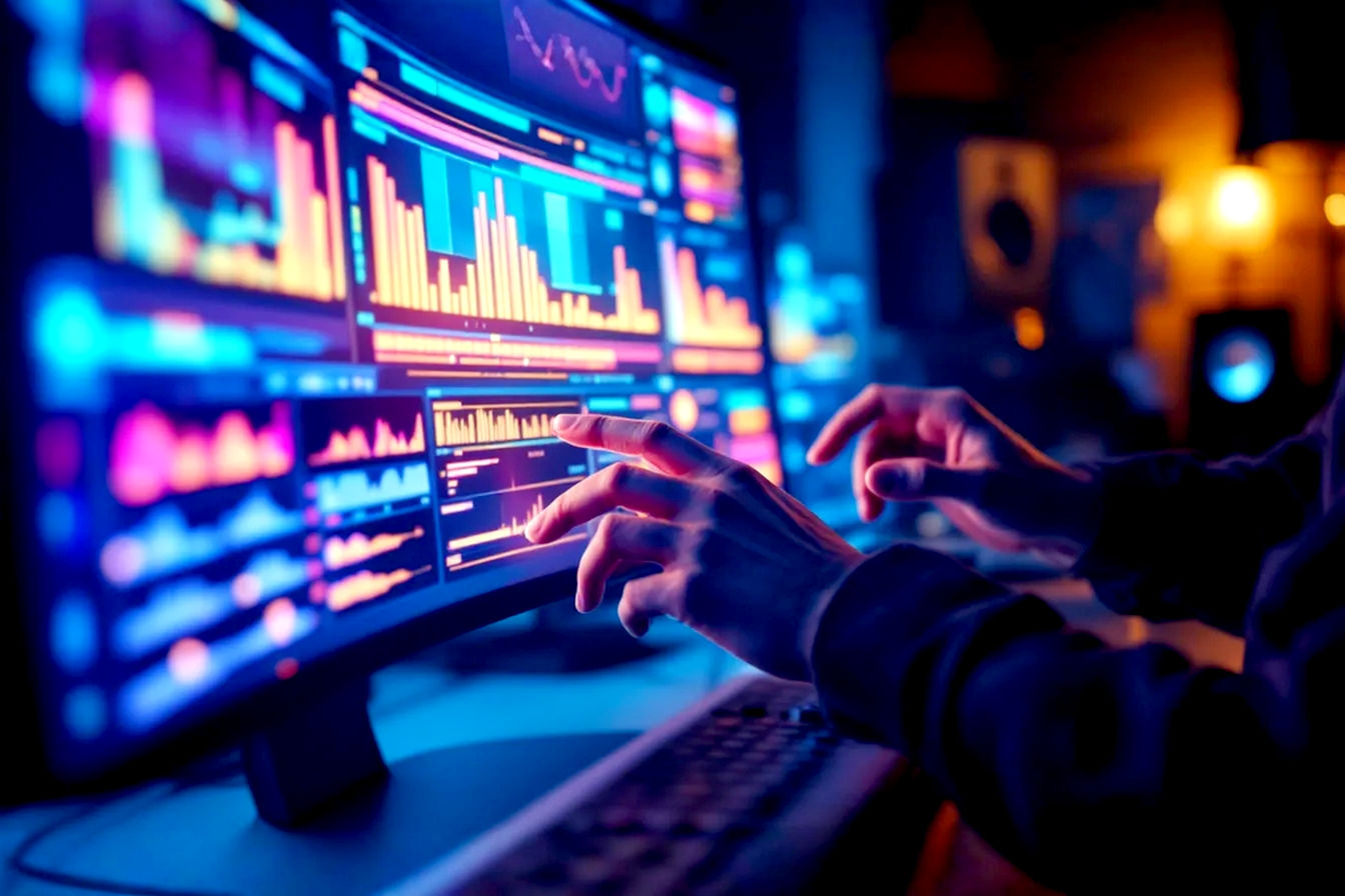 Professional studio shot: A musician's hands are artfully interacting with a glowing, futuristic music editing software interface displayed on a large, curved monitor. The background is softly blurred, showing hints of studio equipment like speakers and microphones. The mood is focused and creative, with subtle lens flare. Emphasize the digital interface and the human touch. Cinematic lighting, shallow depth of field.