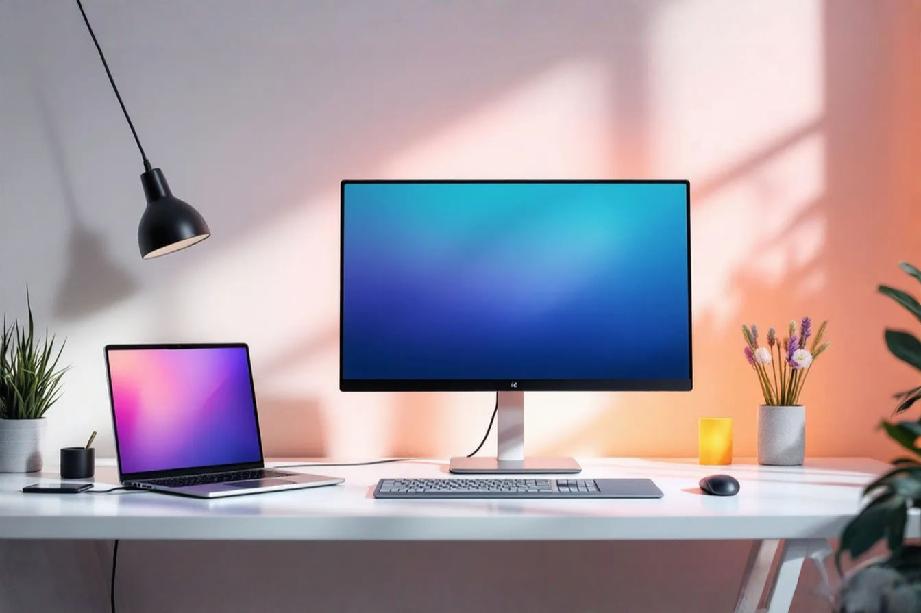 A professional, well-lit photograph showing a modern, thin-bezel monitor connected to a sleek laptop via a single USB-C cable. The desk is clean and minimalist, highlighting the reduction in cable clutter. The image should convey simplicity, modernity, and high technology.