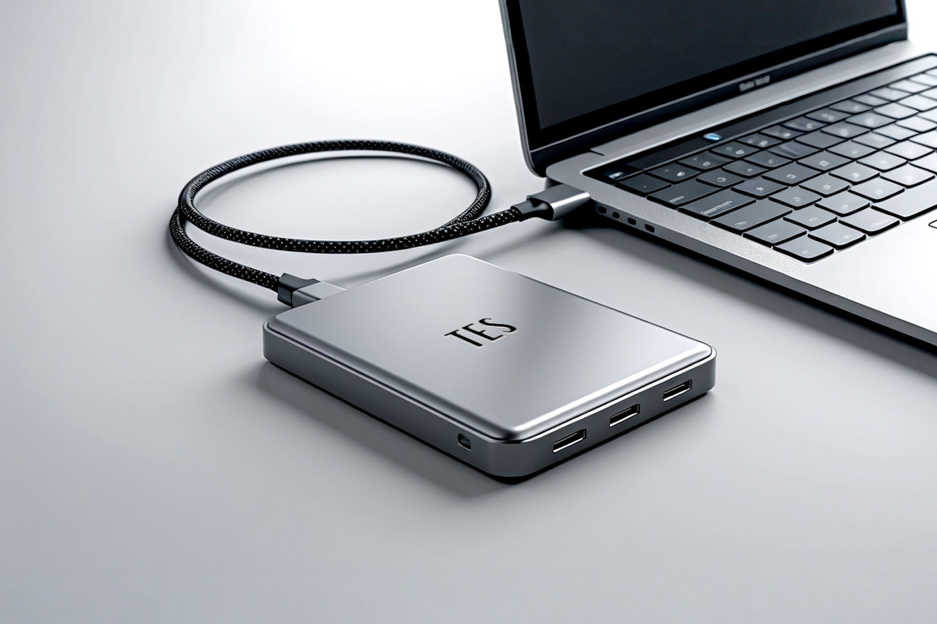 Professional, high-angle studio shot of a sleek, modern, metallic grey portable SSD connected via a braided USB-C cable to a thin laptop. The background is a clean, minimalist white or light grey surface. The focus is sharp on the portable SSD, highlighting its compact size and premium finish. The image conveys speed, technology, and portability.