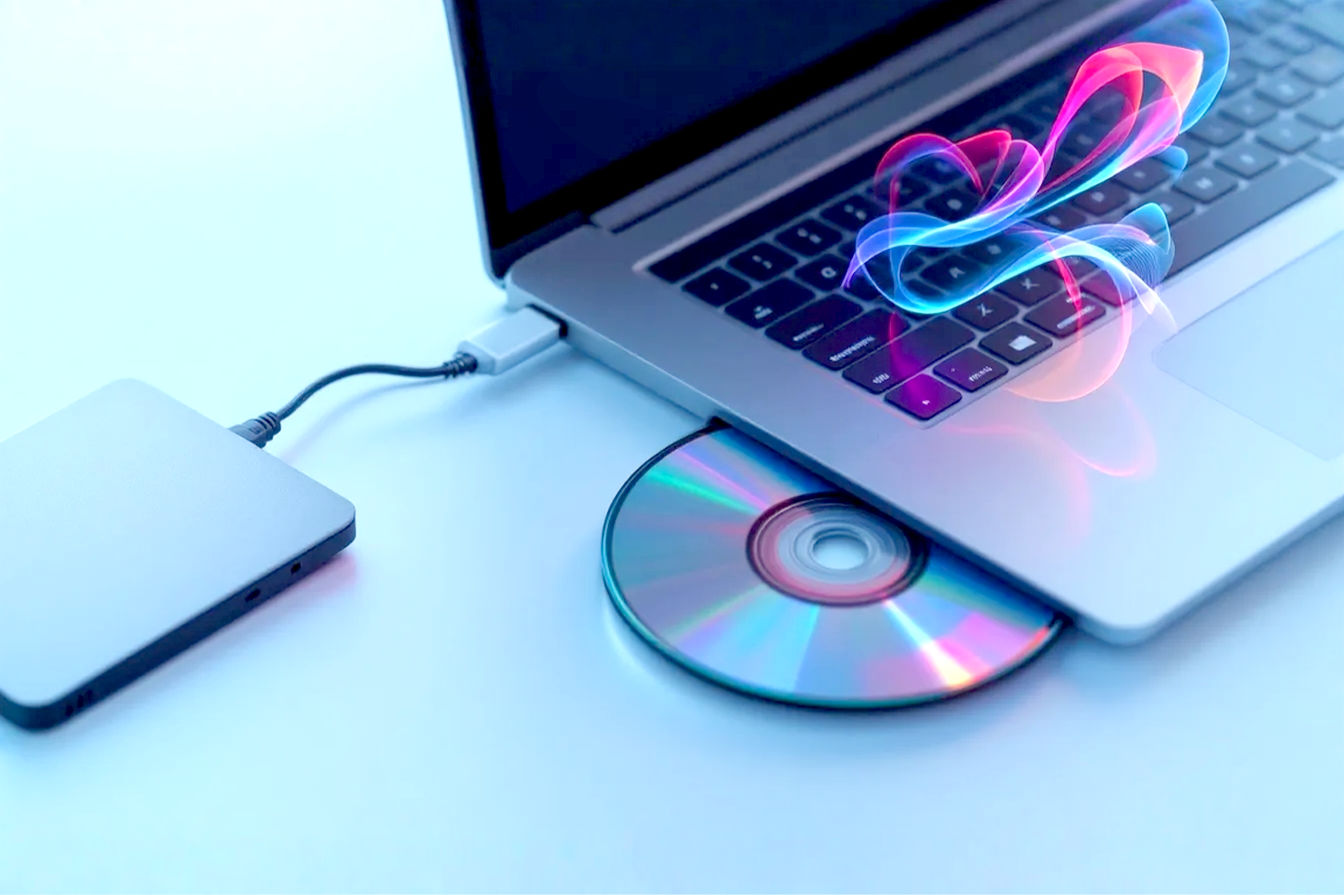 Professional photography style image showing a modern slim laptop connected via a USB cable to a sleek external CD drive. The background is a clean, neutral desk surface.