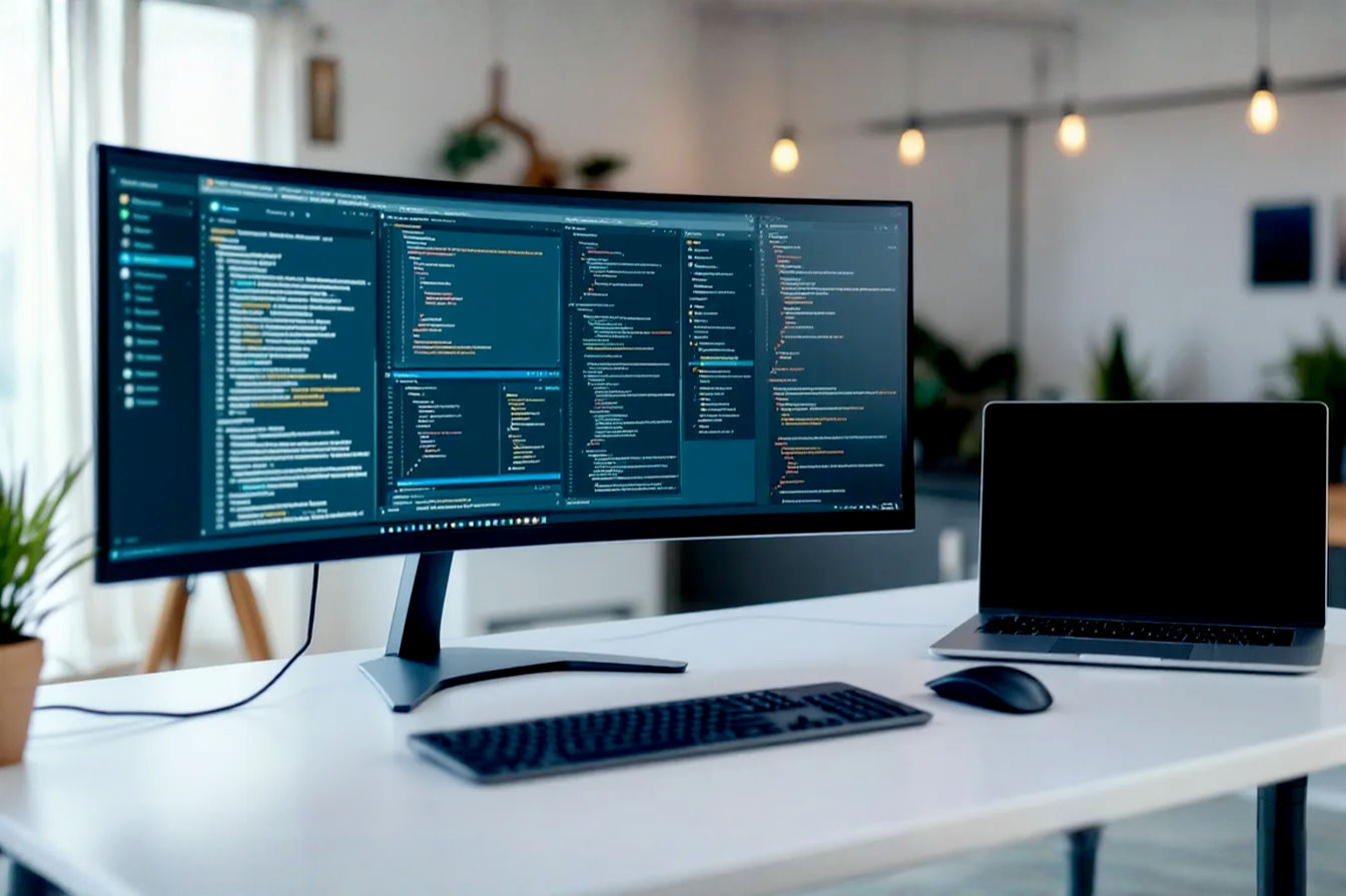 A professional, well-lit photograph of a modern workspace featuring a curved 34-inch ultrawide monitor displaying multiple open application windows (e.g., spreadsheet, code editor, email client) side-by-side. The desk is clean and organized, with a sleek laptop connected via a single USB-C cable, an ergonomic keyboard, and a mouse. The background is slightly blurred, suggesting a home office or modern workspace environment.