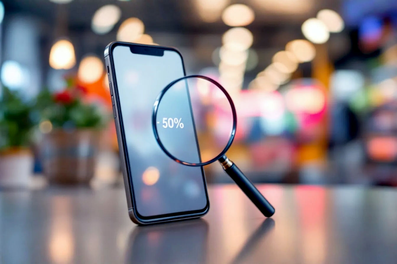 A professional photograph featuring a modern smartphone. A magnifying glass is positioned over the phone screen, highlighting a discount symbol. The background is softly blurred, suggesting a marketplace or a variety of phone options, possibly with subtle, non-distinct carrier or brand colors. The lighting is clean and highlights the phone and magnifying glass.