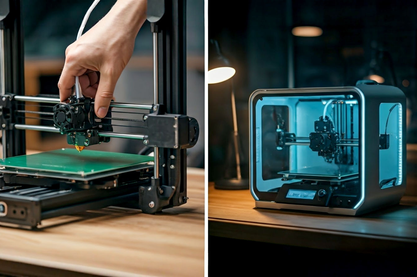 A split image showing on the left a hand installing an upgrade part onto a 3D printer's extruder, and on the right, a modern, sleek new 3D printer sitting on a workbench, both in a well-lit workshop environment. Professional photography style, sharp focus on the printer components and the new machine, bokeh background.