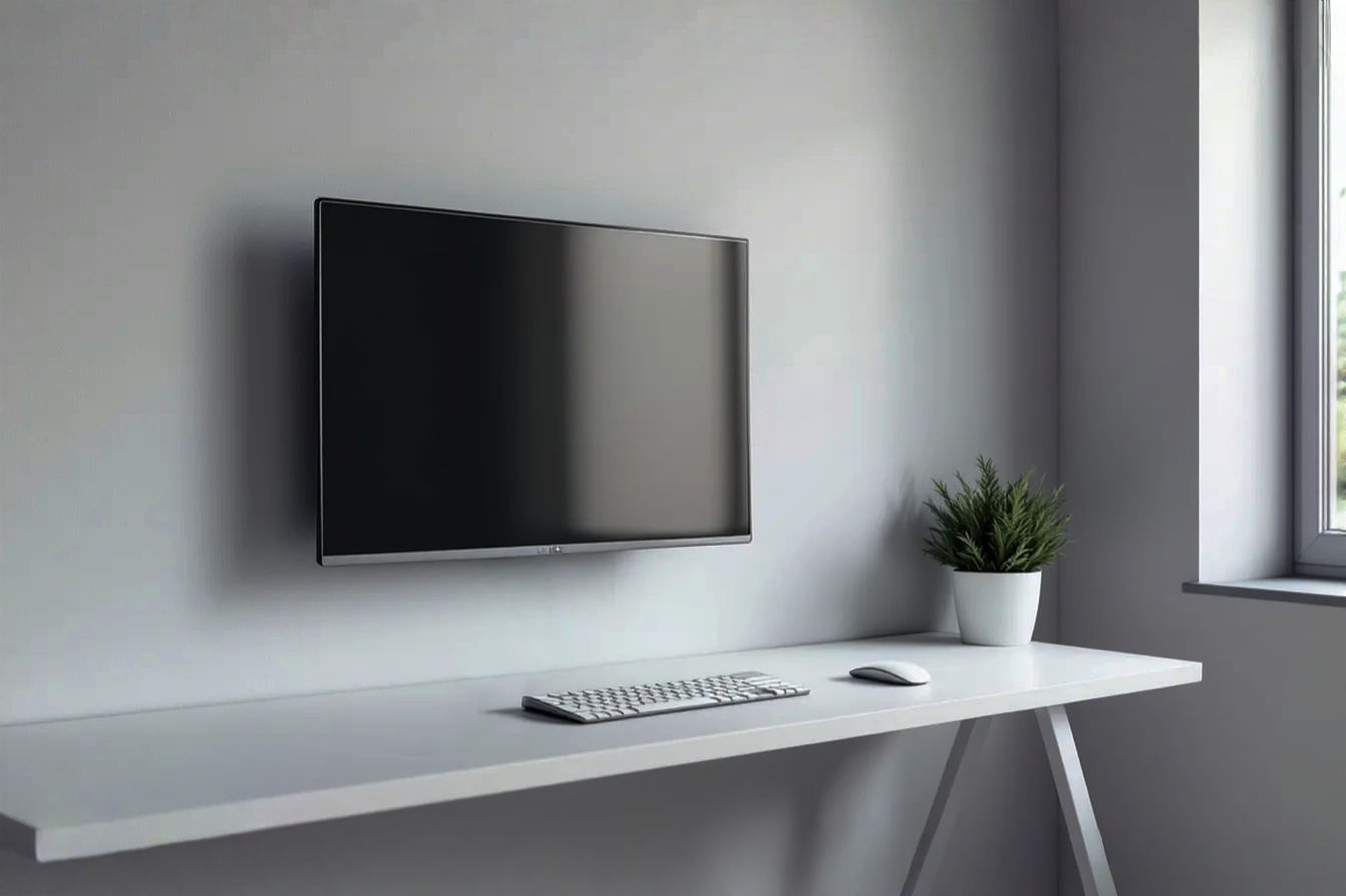 Professional photograph of a modern, minimalist home office desk. A large, flat-screen monitor is mounted flush against a smooth, light grey wall. No cables are visible around the monitor or on the desk surface. The desk itself is a simple, clean design with only a sleek keyboard and mouse. Soft, diffused light from a window highlights the spacious, uncluttered feel of the room.