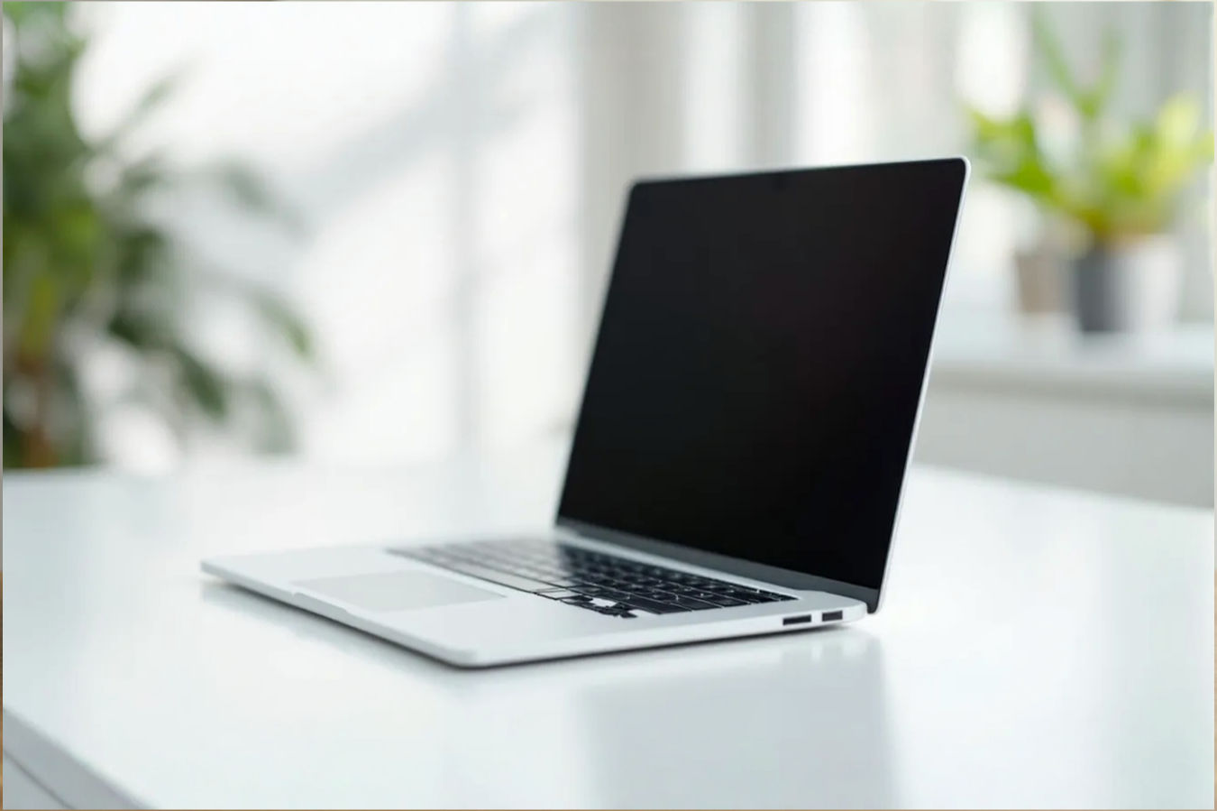 A professional photograph showing a sleek, modern white laptop open on a clean, minimalist desk. The background is softly blurred, perhaps showing a hint of a modern workspace or a bright, airy room. The lighting is soft, highlighting the clean lines and matte finish of the laptop.