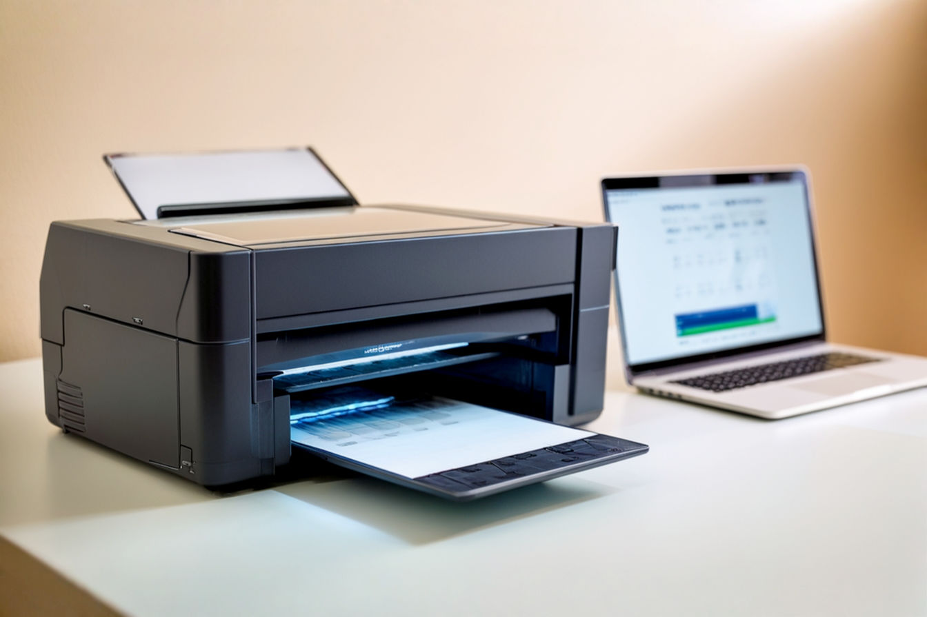 A professional, well-lit photograph showing a modern MFP laser printer sitting on a clean desk in a home office environment. A laptop is open nearby, displaying a scanning software interface. The image should convey a sense of seamless wireless connectivity and productivity, with no visible cables connecting the printer to the computer. The background is slightly blurred, focusing attention on the printer and laptop.