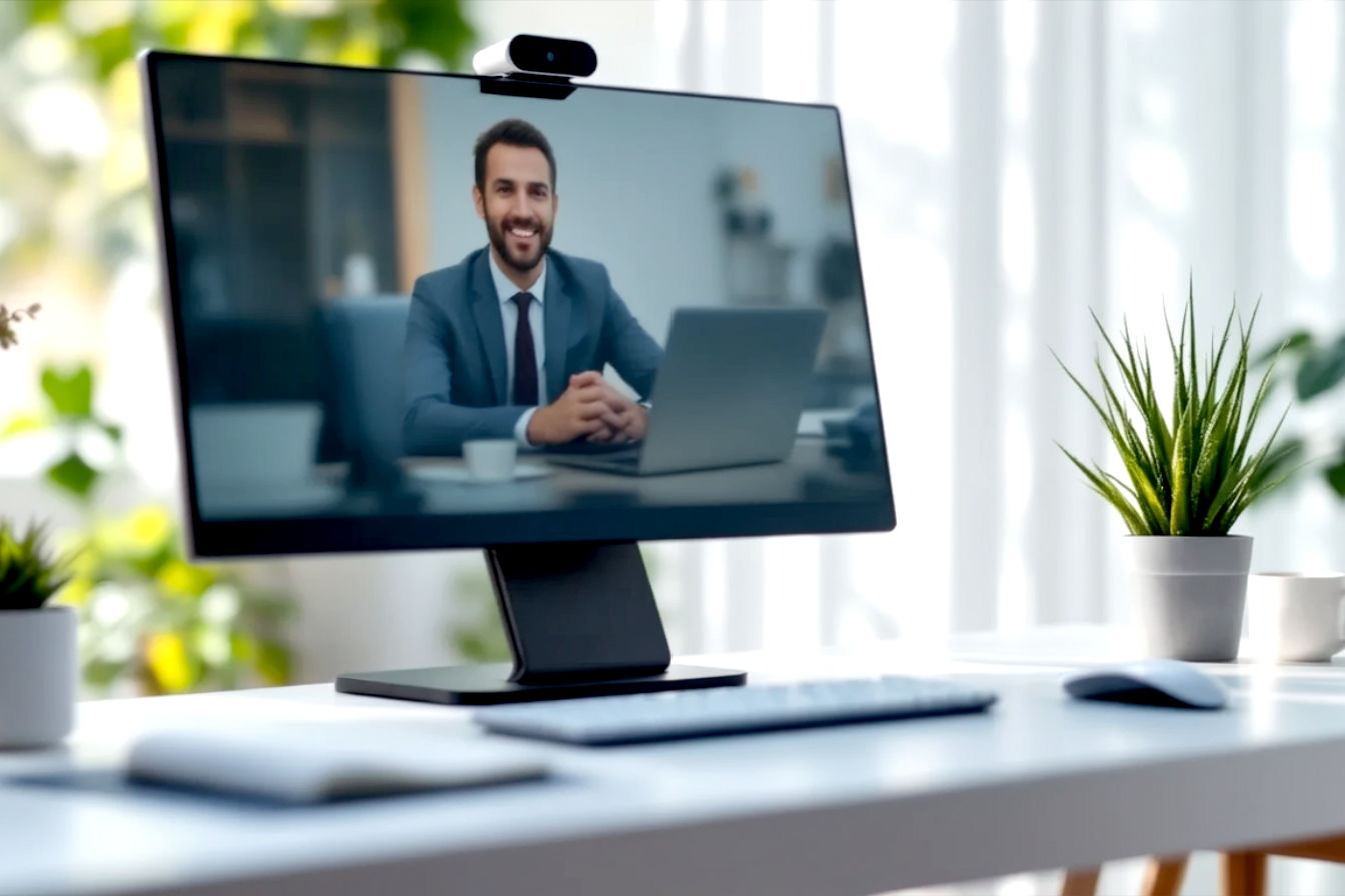 Professional, lifelike photograph of a modern, minimalist home office desk. The desk is tidy and well-organized, featuring a sleek monitor showing a video conference screen. Prominently, but elegantly, placed atop the monitor is a modern wireless webcam, subtly indicating its cable-free nature.