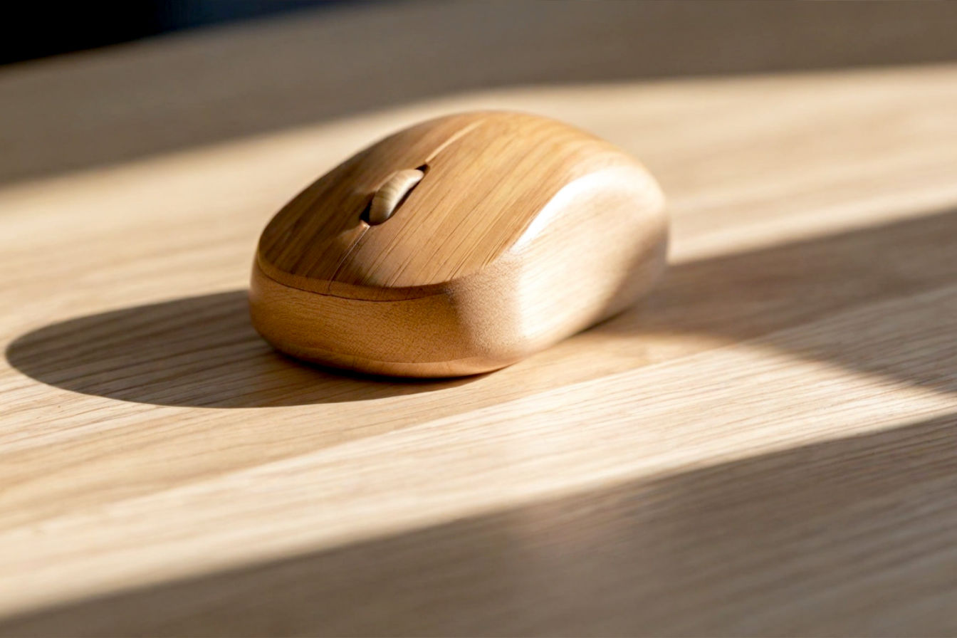 Professional product photography, close-up shot of a beautifully crafted, minimalist wooden computer mouse on a clean, modern desk in 2025. The mouse is made of light-toned wood (like maple or bamboo) with visible grain, featuring sleek, modern lines. Soft, natural light illuminates the scene, highlighting the texture of the wood. In the blurred background, a contemporary laptop and a small succulent plant are visible. The overall mood is warm, sophisticated, and eco-chic, emphasizing technology meeting nature. Shot with a shallow depth of field, focus sharply on the mouse.
