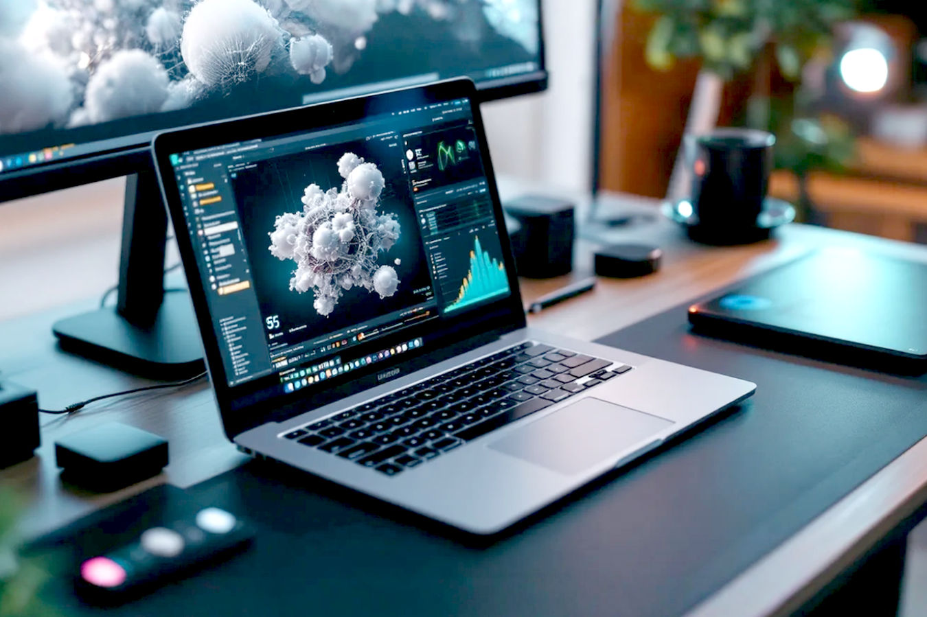 A high-angle, professional photography shot showing a sleek, modern workstation laptop open on a desk in a well-lit office or creative studio environment. The screen displays complex professional software (like 3D modeling or video editing). Surrounding the laptop are professional tools such as a high-resolution external monitor, an external hard drive, and a graphics tablet, subtly suggesting a connected workflow. The focus is sharp on the laptop and immediate workspace, with a softly blurred background.