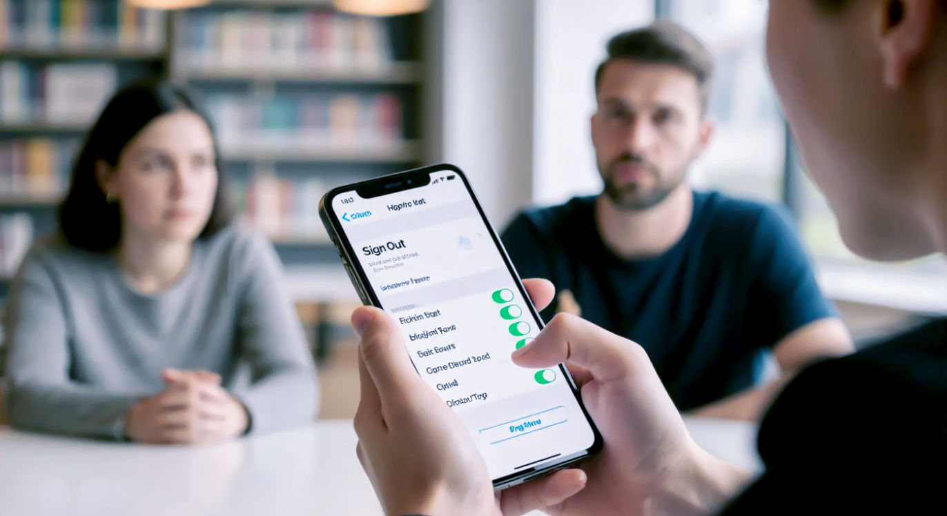 A hyper-realistic, professional photograph capturing a key moment in a private sale. The shot shows two pairs of hands over a table in a bright, public space like a modern library or café. One person (the buyer) is watching intently as the other person (the seller) holds an iPhone 13 Pro Max, their thumb hovering over the "Sign Out" button within the iCloud settings menu. The phone's screen is the clear focal point. The lighting is clean and direct, and the mood is serious but amicable, highlighting the critical importance of this security step for a safe transaction.
