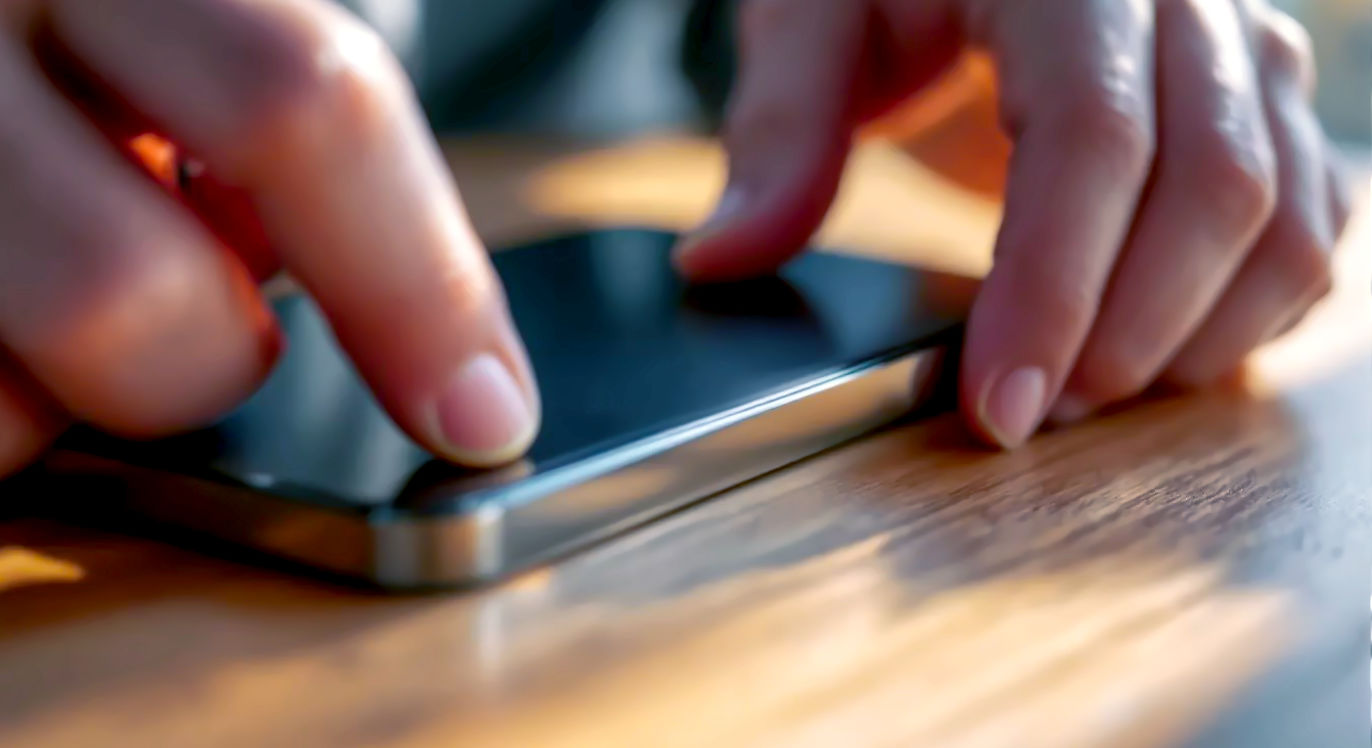 A hyper-realistic, professional photograph with a macro feel. The image is a tight, close-up shot focusing on a person's fingers carefully running along the stainless steel edge of a Graphite iPhone 13 Pro Max. They are inspecting for scratches and dents under bright, natural light. The background is a simple, clean wooden table in a well-lit room, suggesting a meticulous and careful examination. The mood is one of intense scrutiny and diligence, emphasizing the importance of the physical check.