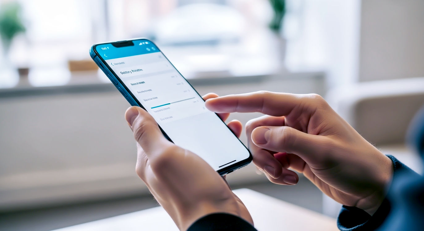A hyper-realistic, professional photograph in the style of a clean, modern tech blog. A person's hands are carefully holding and inspecting a Sierra Blue iPhone 13 Pro Max. The background is a slightly out-of-focus, bright, and airy contemporary British living room or coffee shop setting. One hand is angling the phone to catch the light, revealing the pristine screen, while the other is navigating the settings menu, with the "Battery Health" page visible on screen. The lighting is soft and natural, coming from a nearby window, creating a mood of smart, careful consideration and consumer confidence. The composition is a close-up shot, focusing on the phone and hands, conveying a sense of detailed inspection.