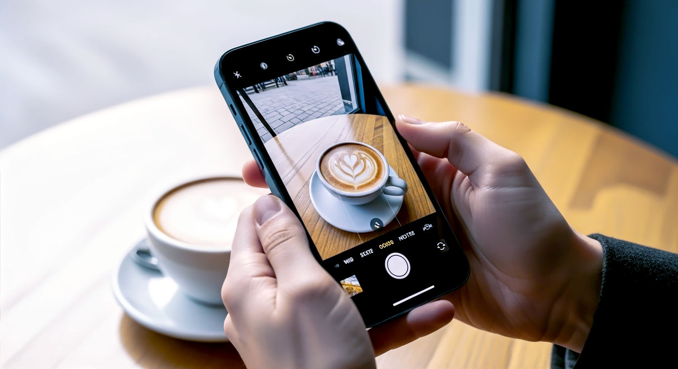 A hyper-realistic, professional photograph in the style of a clean tech review. The image is a close-up shot of a person's hands holding a Sierra Blue iPhone 13 Pro Max, with the camera app open. The phone's screen displays a crisp, vibrant photo just taken of a detailed subject, like a latte art heart in a coffee cup on the table. The setting is a bright, modern British café. Soft, natural window light illuminates the scene, highlighting the quality of the phone's camera. The mood is creative and satisfied, showcasing the device's impressive photographic capabilities.