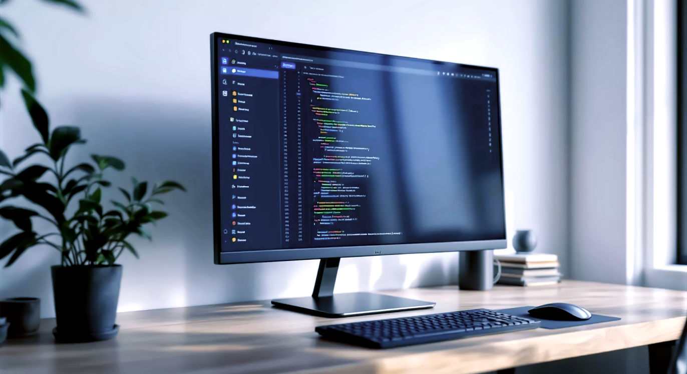 A hyper-realistic photograph of a sleek, black 27-inch monitor on a clean, modern wooden desk in a home office. On the screen, a colorful productivity app (like a calendar or code) is shown. A laptop is next to it, and a bright window to the side casts a slight glare on the monitor, subtly highlighting its matte screen.
