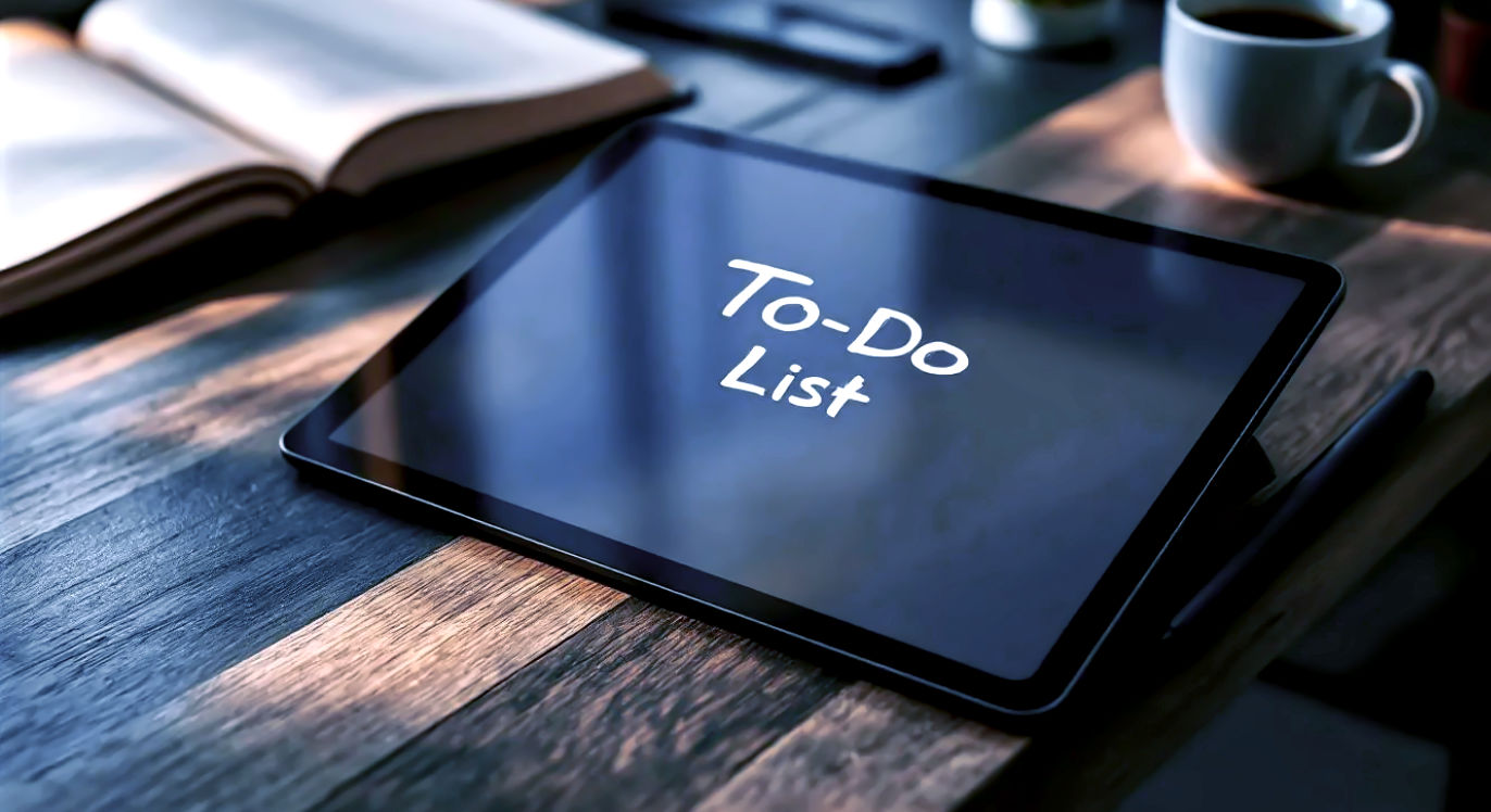 A hyper-realistic, brightly lit lifestyle photo of a sleek gray tablet on a modern wooden desk. A stylus is placed next to it, and the screen shows a note-taking app with "To-Do List" handwritten on it. In the background, a college textbook and a cup of coffee are slightly out of focus.