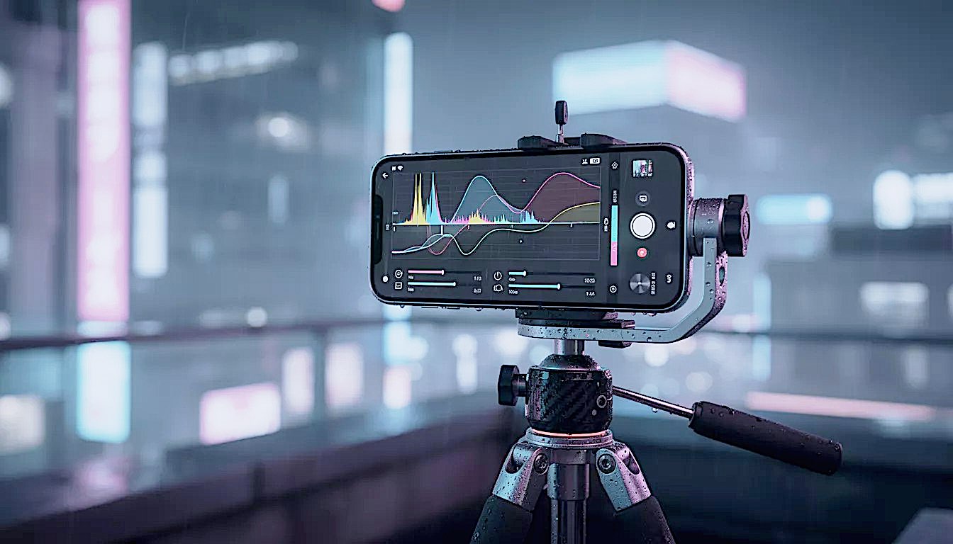 A cinematic, shallow-depth-of-field close-up of a high-end smartphone mounted on a carbon-fiber tripod on a rainy Tokyo rooftop at night. Neon city lights reflecting off the lens glass. The screen displays a complex histogram and manual focus peaking lines. The atmosphere is moody, cyber-noir, and technical. 8k resolution, photorealistic, shot on 85mm lens.