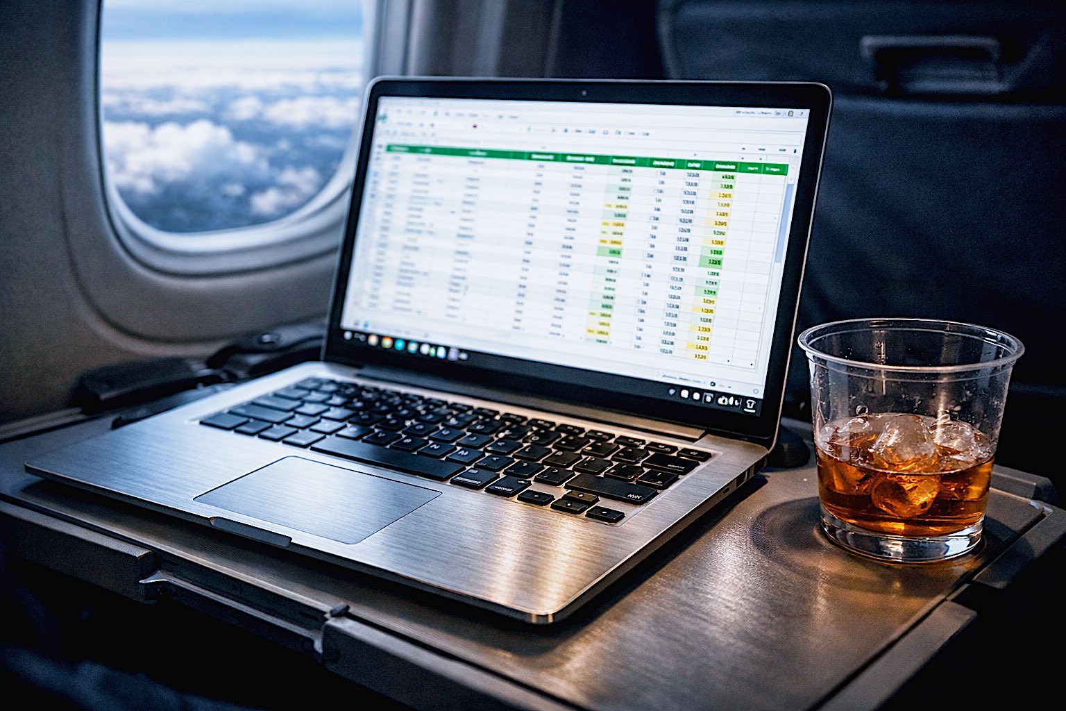 A hyper-realistic, cinematic photograph of a sleek silver ultrabook sitting on a cramped airplane tray table next to a half-empty plastic cup of whiskey. Mood is moody and exhausted but the screen is bright and vivid showing a spreadsheet. 30,000 feet window view in background with clouds. High resolution, 8k, shallow depth of field, focus on the brushed aluminum texture.